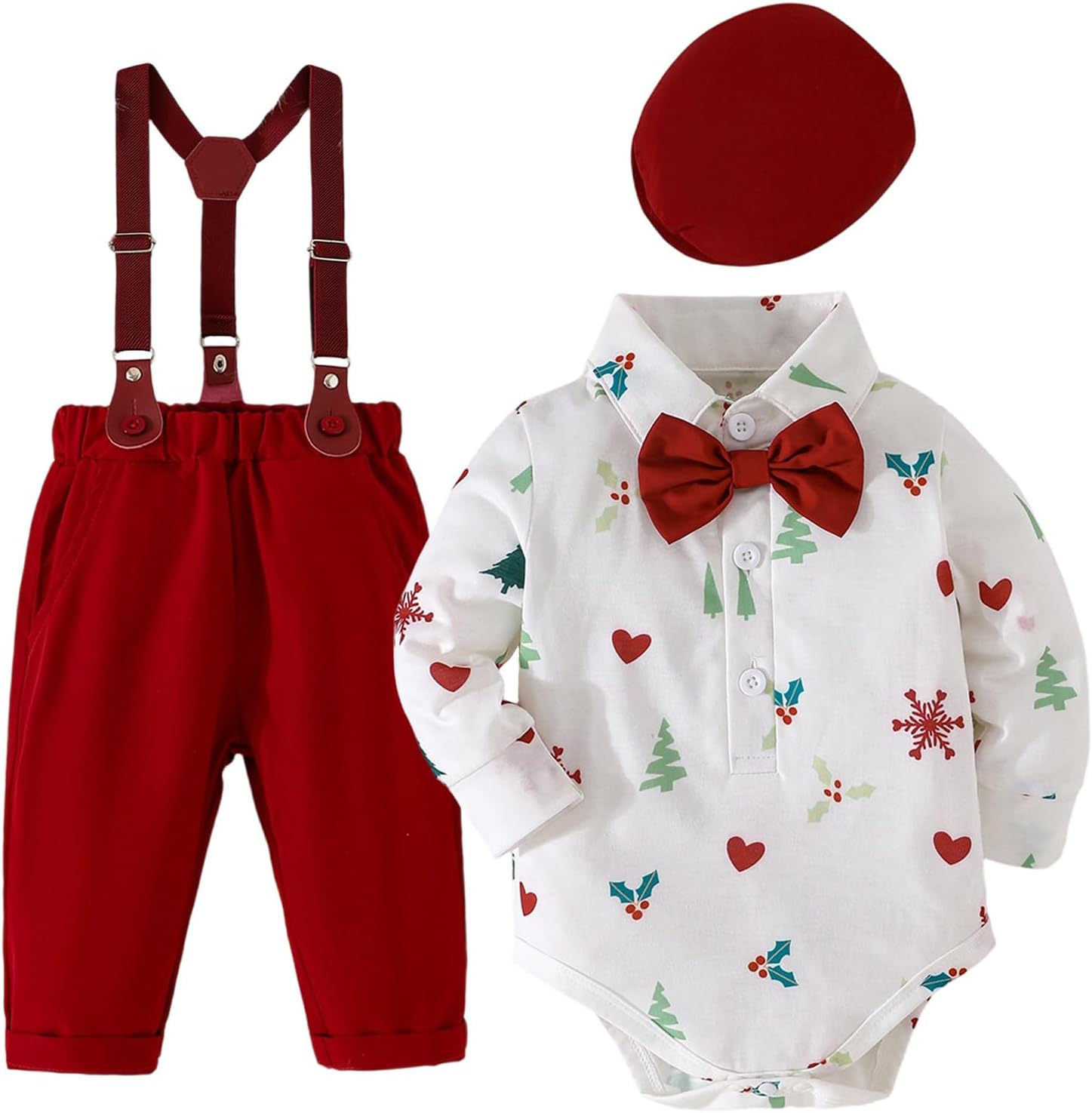 Winmany Baby Boy Christmas Outfit 4PCS Holiday Set Bodysuit Bow Tie Hat & Suspender Pants Infant Toddler Formal Clothes