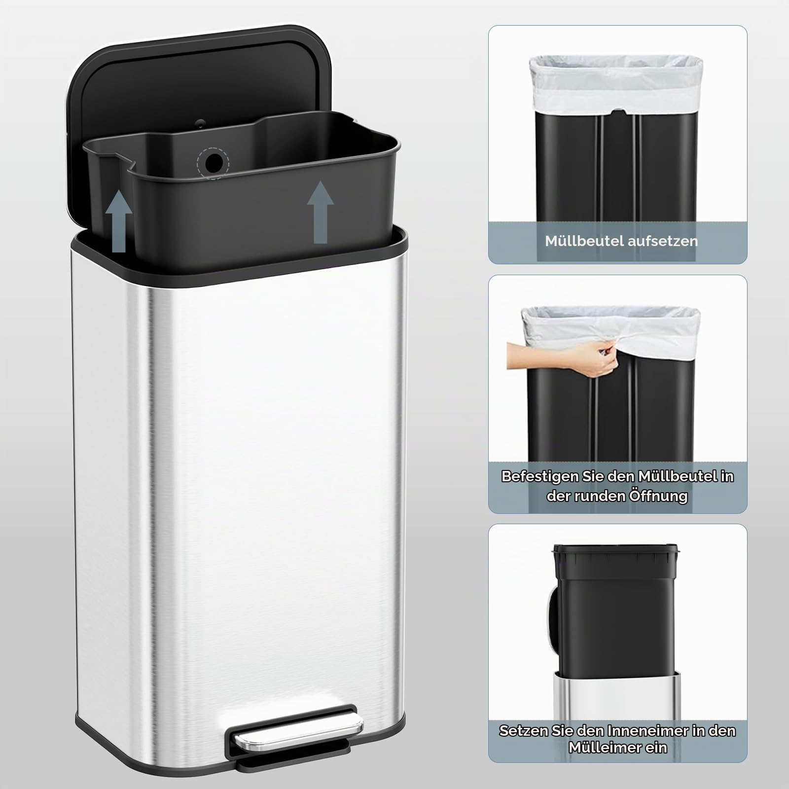 Clevich Mülleimer 30L mit Stahlkorpus und Soft-Close-Funktion, Deckel mit Edelstahloberfläche, abnehmbarem Inneneimer und Fußpedal, Treteimer für Küche, Wohnzimmer und Büro - Silber