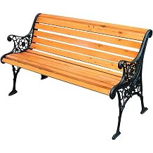 Outdoor Wood Bench, Two Person Solid Wood Garden Bench w/Curved Backrest and Armrest,Anti- Rust Cast Wrought Iron Cast Aluminum Frame for Porch,Park,Yard