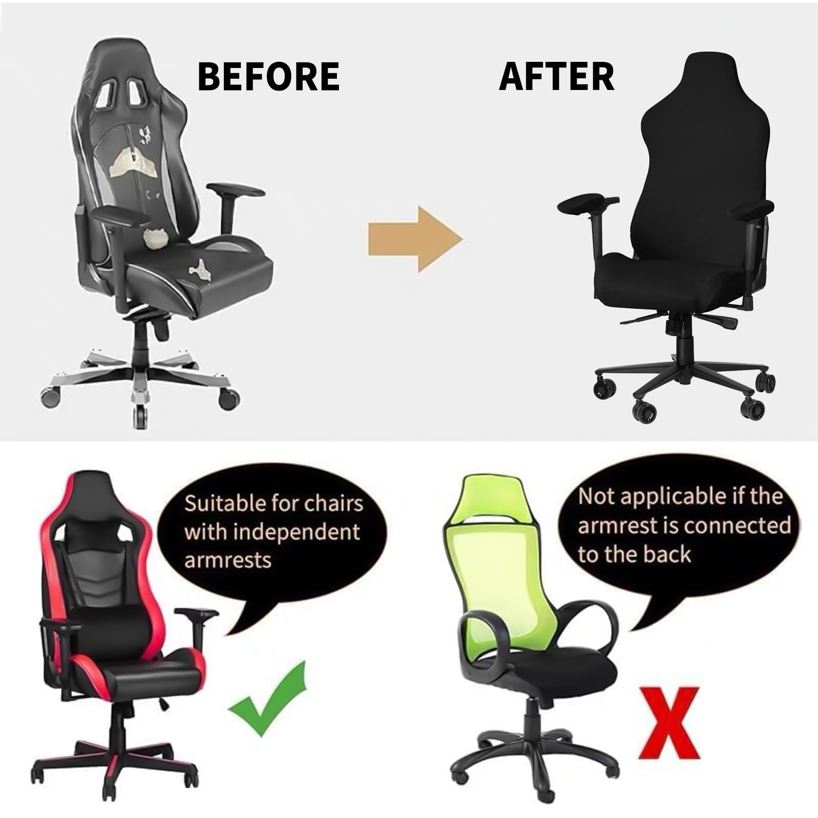 Lot de 4 housses de chaise de Gaming - Zwart - Extensible - Amovible - Lavable - Avec