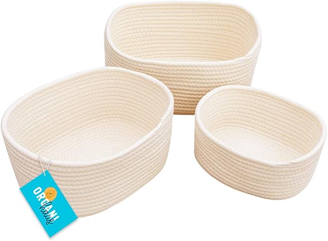 OrganiHaus Set of 3 White Rope Storage Baskets for Shelves | Toy Basket | Woven Storage Basket for Nursery Decor | Skin Care & Desktop Organizer | Small Baskets for Storage | Bathroom Storage Baskets