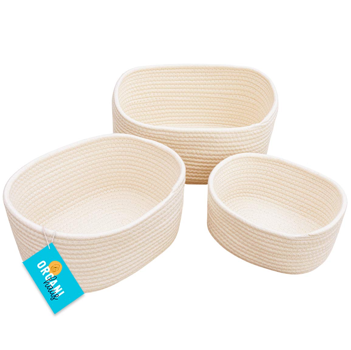 OrganiHaus 3-Pack White Cotton Rope Baskets for Storage | Diaper Bin | Bathroom Small Woven Baskets for Organizing | Storage Baskets for Closet | Decorative Cloth Baskets for Shelves | Toy Baskets