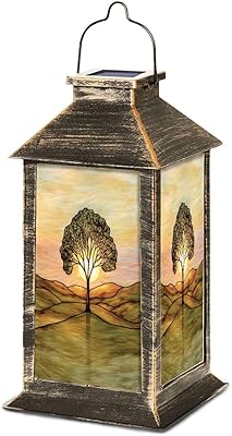 Solar Lantern Eucalyptus Tree Stained Glass Window Muted Soft Yellow Outdoor Waterproof Garden Hanging Lantern Solar Powered Lighting Outside Table Lamp for Patio Deck Camping 1 Pack
