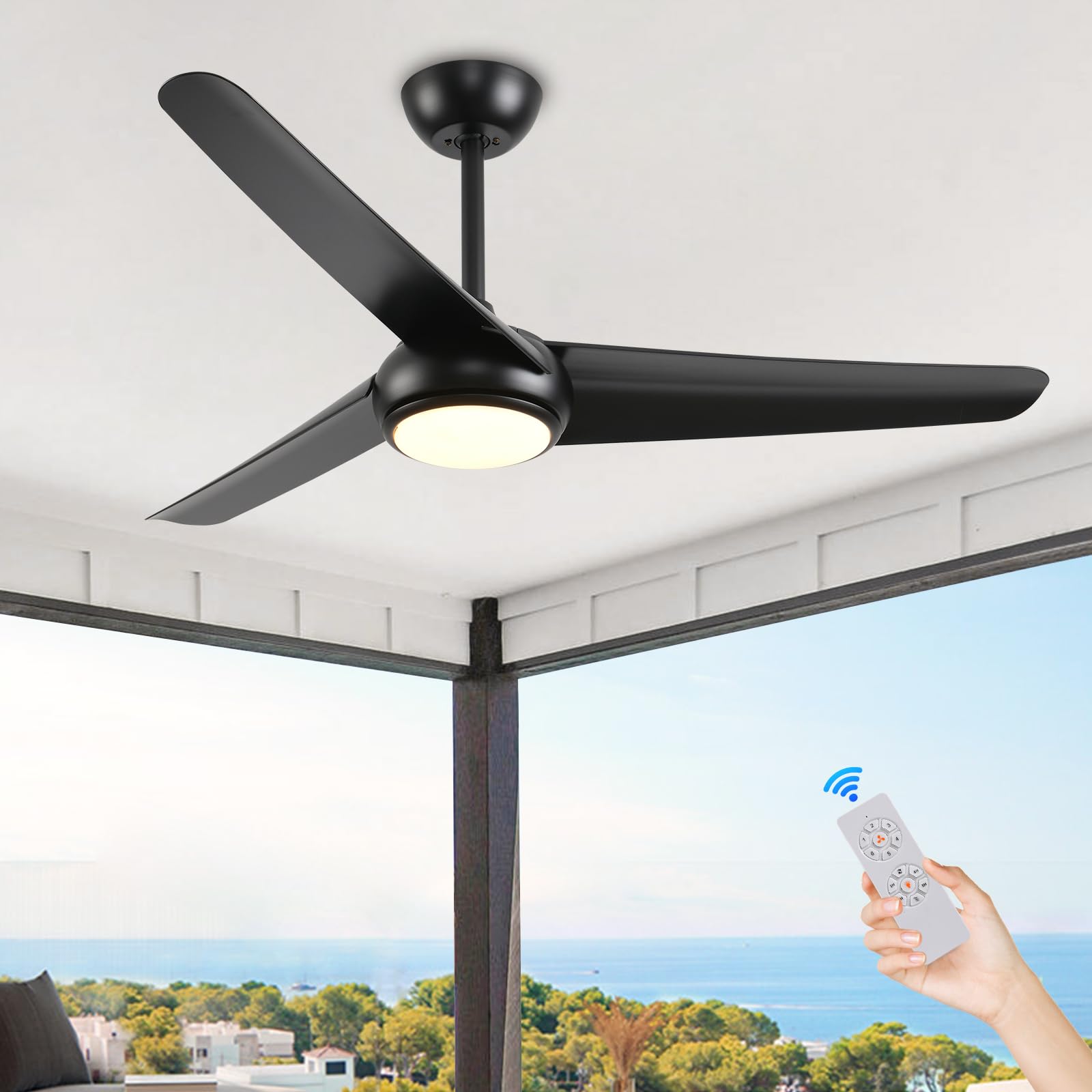 KINDLOV Ceiling Fans with Lights,52 inch Black Ceiling Fan with Light and Remote,6 Speeds,3CCT,3 Blade Modern Ceiling Fan for Bedroom,Living Room,Indoor/Outdoor Use