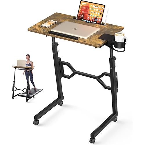 Small Standing Desk with Wheels, Portable Treadmill Desk, Rolling Desk Adjustable Height for Laptop, Mobile Standing Table for Walking Pad, Bedside Table