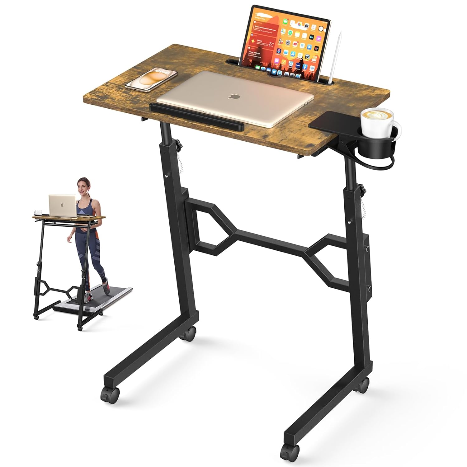 Small Standing Desk with Wheels Portable Treadmill Desk Rolling Desk Adjustable Height for Laptop Mobile Standing Table for