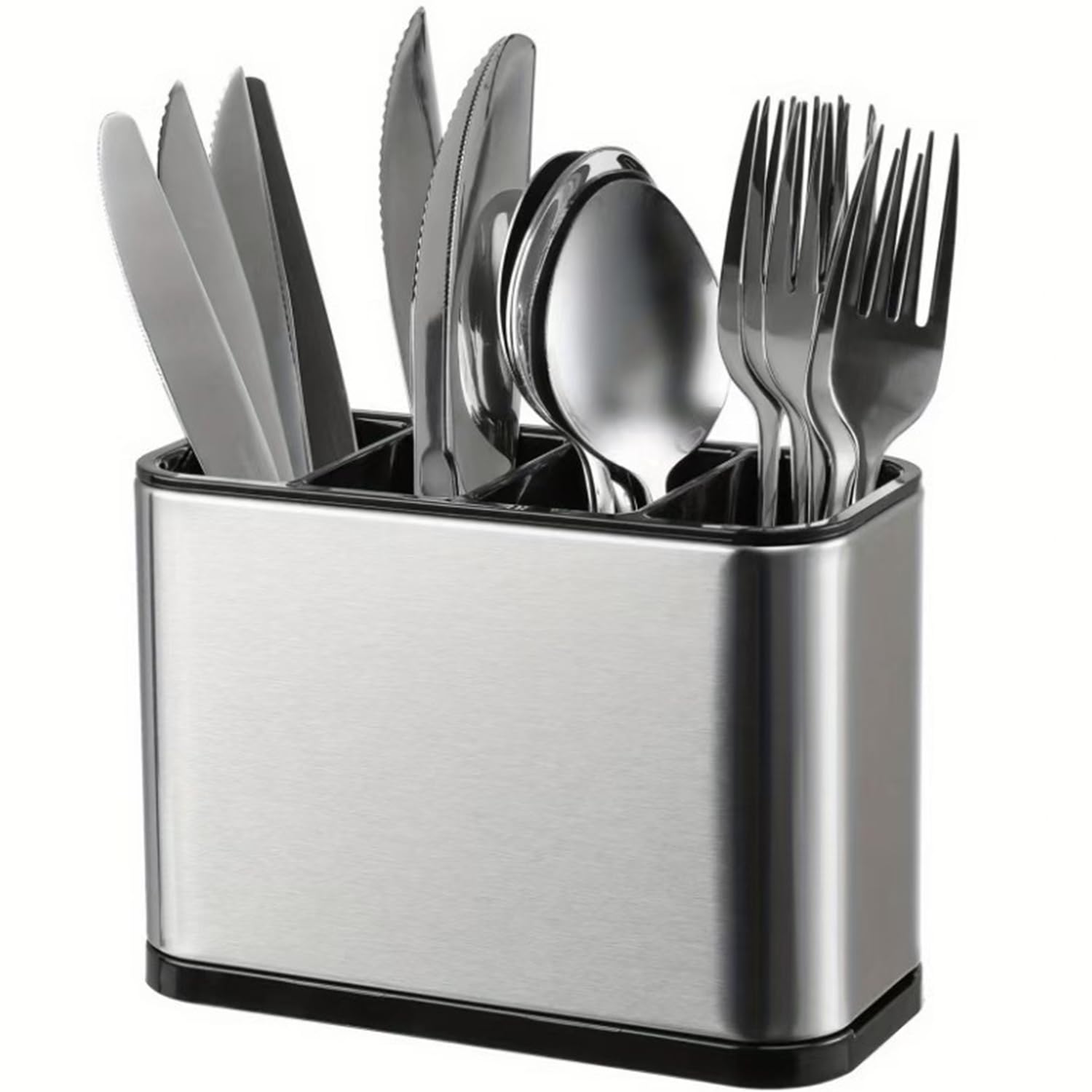 4-Compartment Cutlery Holder Made of Stainless Steel, with Non-Slip and Drip Tray, Cutlery Organiser for Kitchen Drawers, Utensil Holder with Ventilation, for Kitchen, Dining Room and Cutlery, 18 x 13
