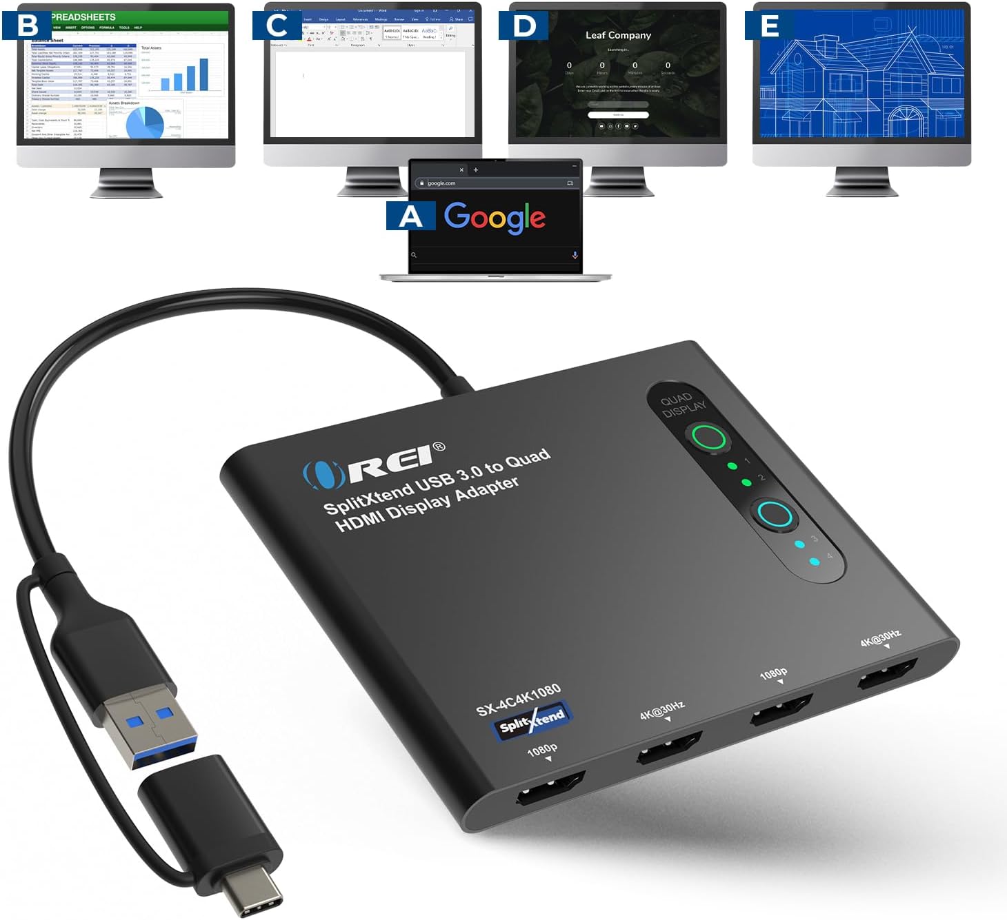 OREI SplitExtend HDMI Splitter Extended Display for Quad Monitor ...