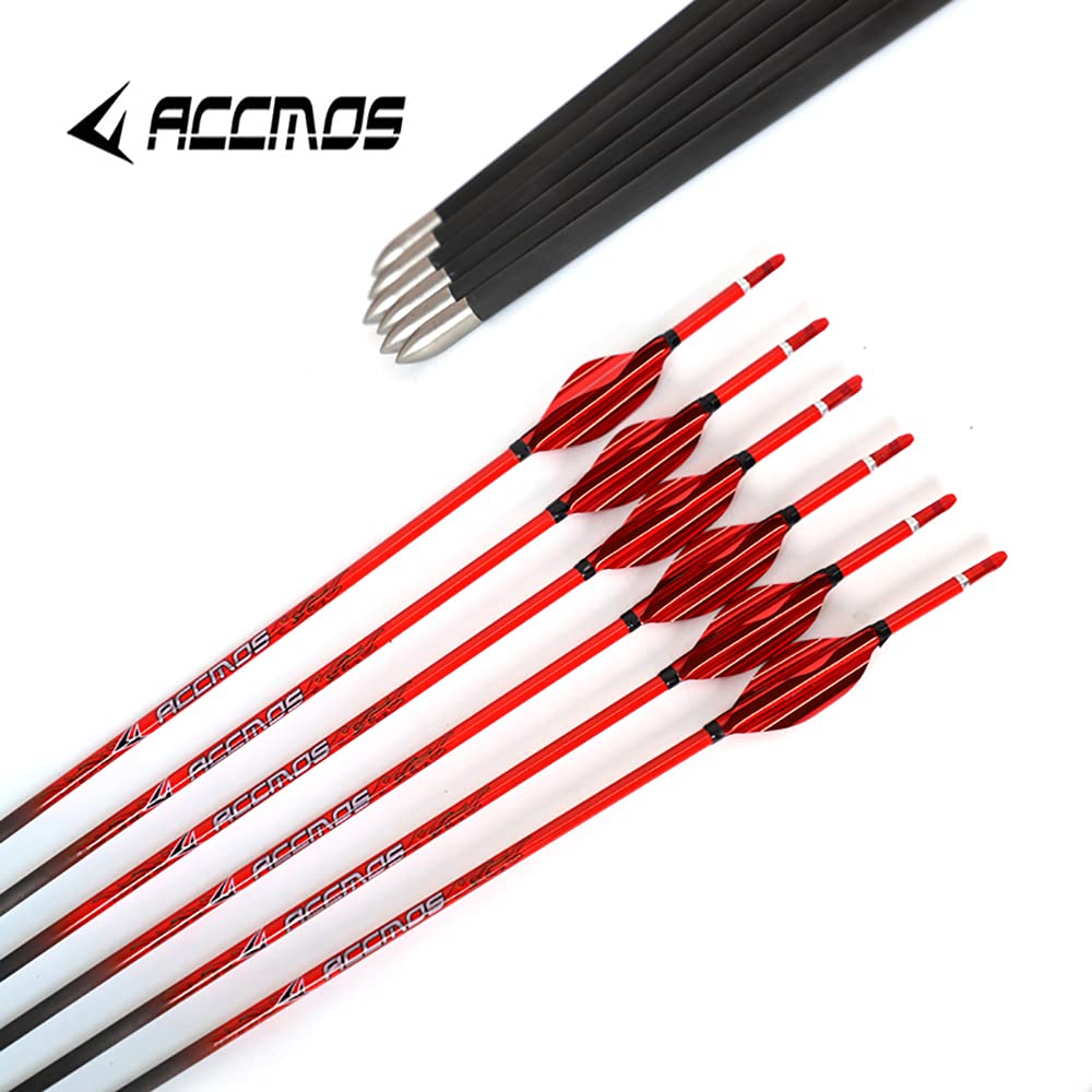 ACCMOS Rossa Spirale Piuma Puro Carbonio Frecce Spine 400-1000 Freccia da Caccia Tiro con L'Arco Freccia Pratica, per Giovani Adulti Arco Compound Arco Ricurvo Tiro Targeting Freccia12 pz