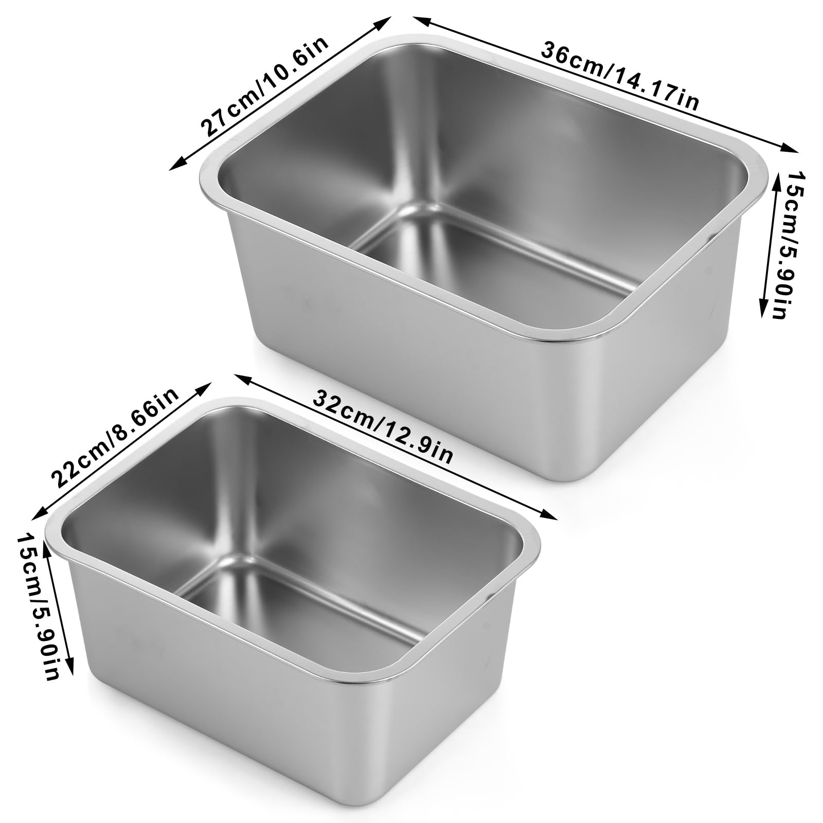 2 ciotole per bucato, 32 x 22 x 15 cm/36 x 27 x 15 cm, in acciaio inox 304, grande bacinella rettangolare in acciaio inossidabile, ciotole per lavare in metallo per lavello