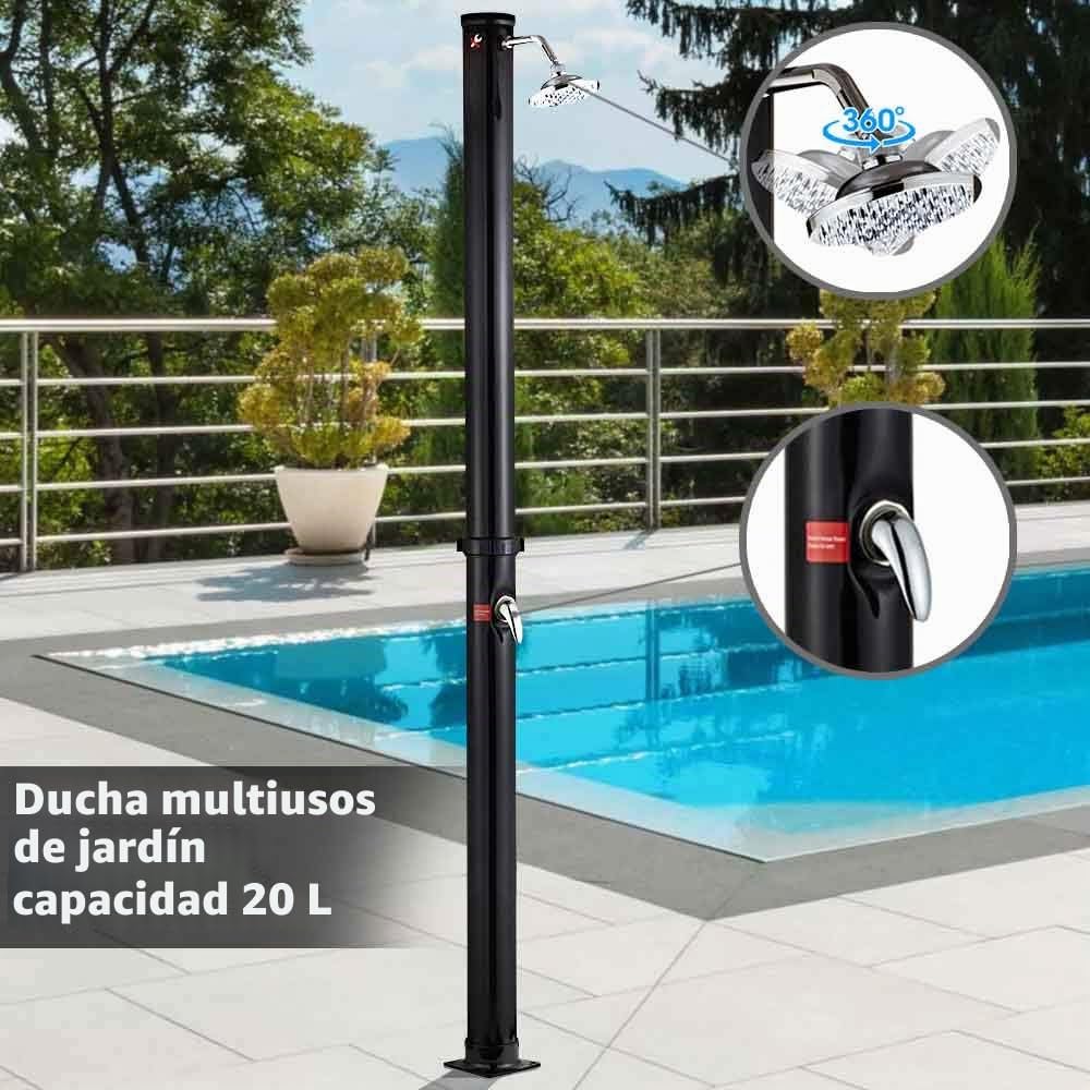 BAKAJI Ducha Solar para jardín, Piscina Exterior, Camping, depósito de 20 litros con alcachofa Ajustable, Mezclador de Agua Caliente, conexión Manguera de jardín, tamaño 220 x 16,5 x 16,5 cm