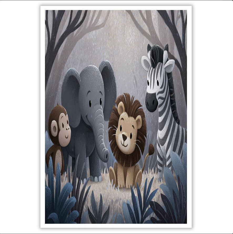 Elefante León Cebra Lienzo Art Pared, Cuadros En Lienzo De Pintura Al Animales Del Bosque De Dibujos Animados, Arte Mural En Gris Oscuro Para Sala De Estar Dormitorio Decor De Pared, 70×100 cm