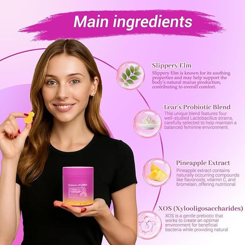 Gomitas de probióticos vaginales femeninas, para gomitas de pH de equilibrio femenino para un olor saludable, mejoran el sistema inmunológico, apoyan la salud vaginal, con olmo resbaladizo