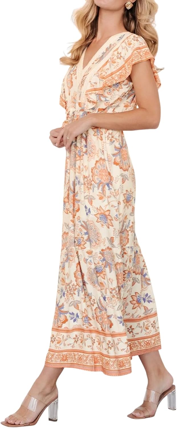 R.Vivimos Womens Summer 2026 Boho Floral Print V Neck Short Sleeve Drawstring Tie Casual Flowy Midi Dress - Image 3