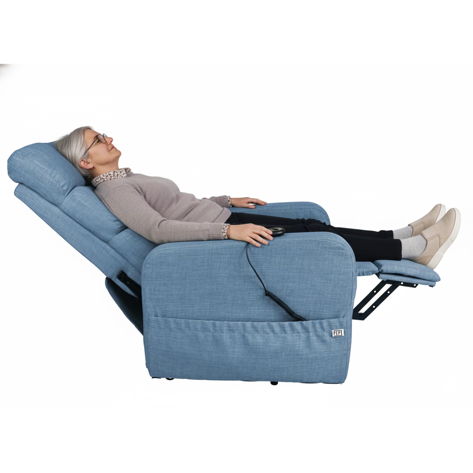 PEPE Mobility Sillon Relax Reclinable Electrico (Tela Lino) Levanta Personas con Mando, Butaca Confort Gente Mayor (Azul)