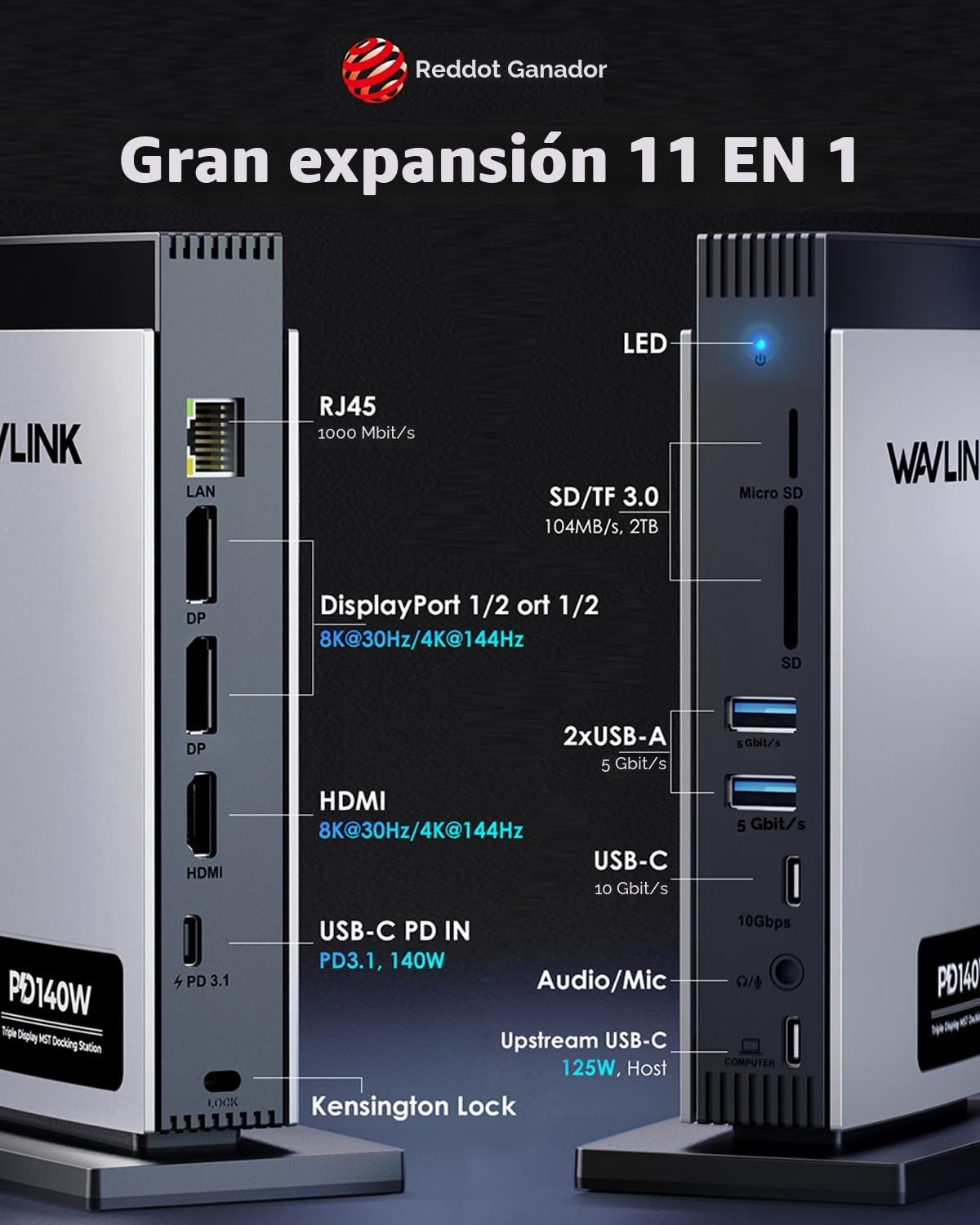 WAVLINK Docking Station Triple Pantalla (1 * 8K@30Hz/4K@144Hz) 2*DP, HDMI | USB C Dock 125W PD3.1 Pass-Through, Ethernet, SD/TF, para Windows