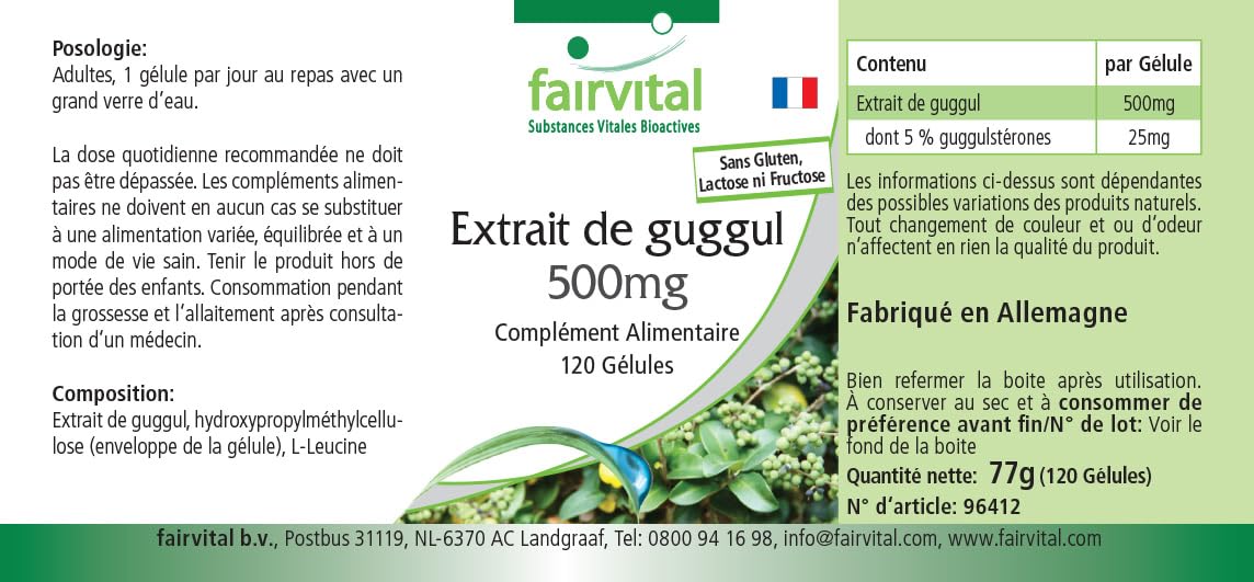 fairvital Extrait de guggul 500mg, 120 gélules, 5% de guggulstérones, qualité certifiée et hautement dosé, 100% végétalien, fabriqué en Allemagne