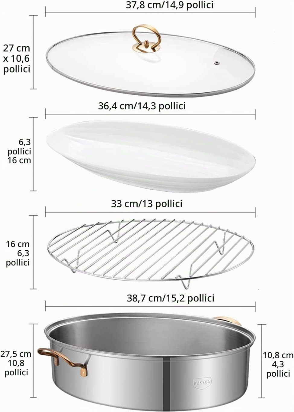 Pentola per Pesce al Vapore 8Qt Set Vaporiera Ovale per Pesce in Acciaio Inossidabile 304 con Griglia, Padella in Ceramica, Mandrino, Pentola per Pesce al Vapore, Zuppa Bollente, 2 Colori,Argento