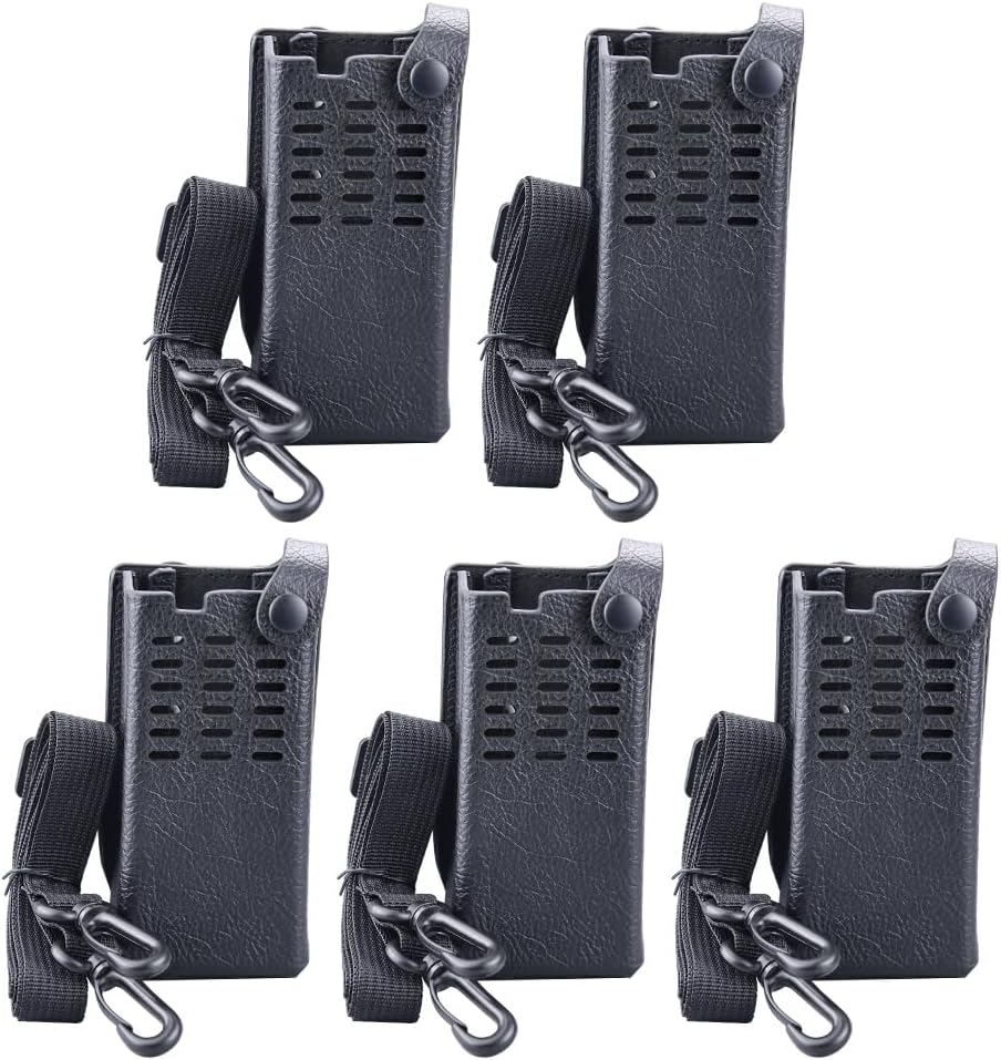R7A Two Way Radio Protective Bag Hard Leather Carrying Holder Holster Case with Adjustable Shoulder Strap Black（5 Pack）