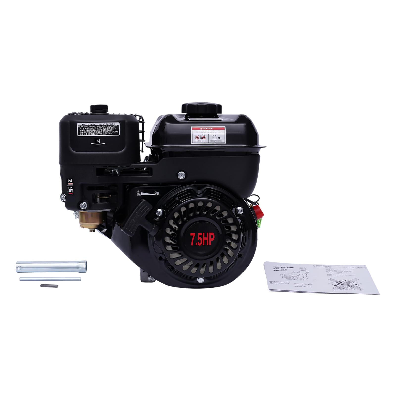 Benzinmotor 7.5PS 4-Takt Benzin Motor Einzylindermotor Standmotor Kartmotor Industriemotor Ersatzmotor Luftkühlung Motor 3600 U/min, Kurbelwelle 19mm, Schwarz