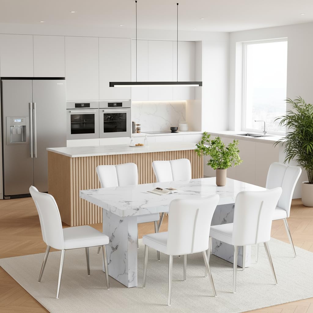 Svmdcu Modern Dining Table Set for 6, 63“ White Dining Room Table Set for 6, Marble Pattern MDF Kitchen Table Top and Base, Modern Dining Table Set