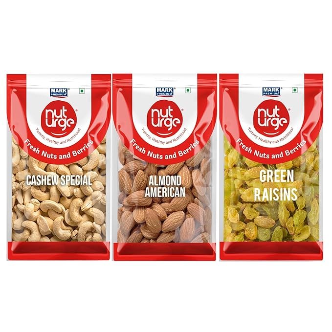 NUT URGE Premium Cashew, Raisin, Almonds (500g) Combo Pack | Nutrient-Rich | Healthy & Delicious Snack | No Added Sugar & Preservatives | Ideal for Office, Travel, Seasoning,Pack of 1