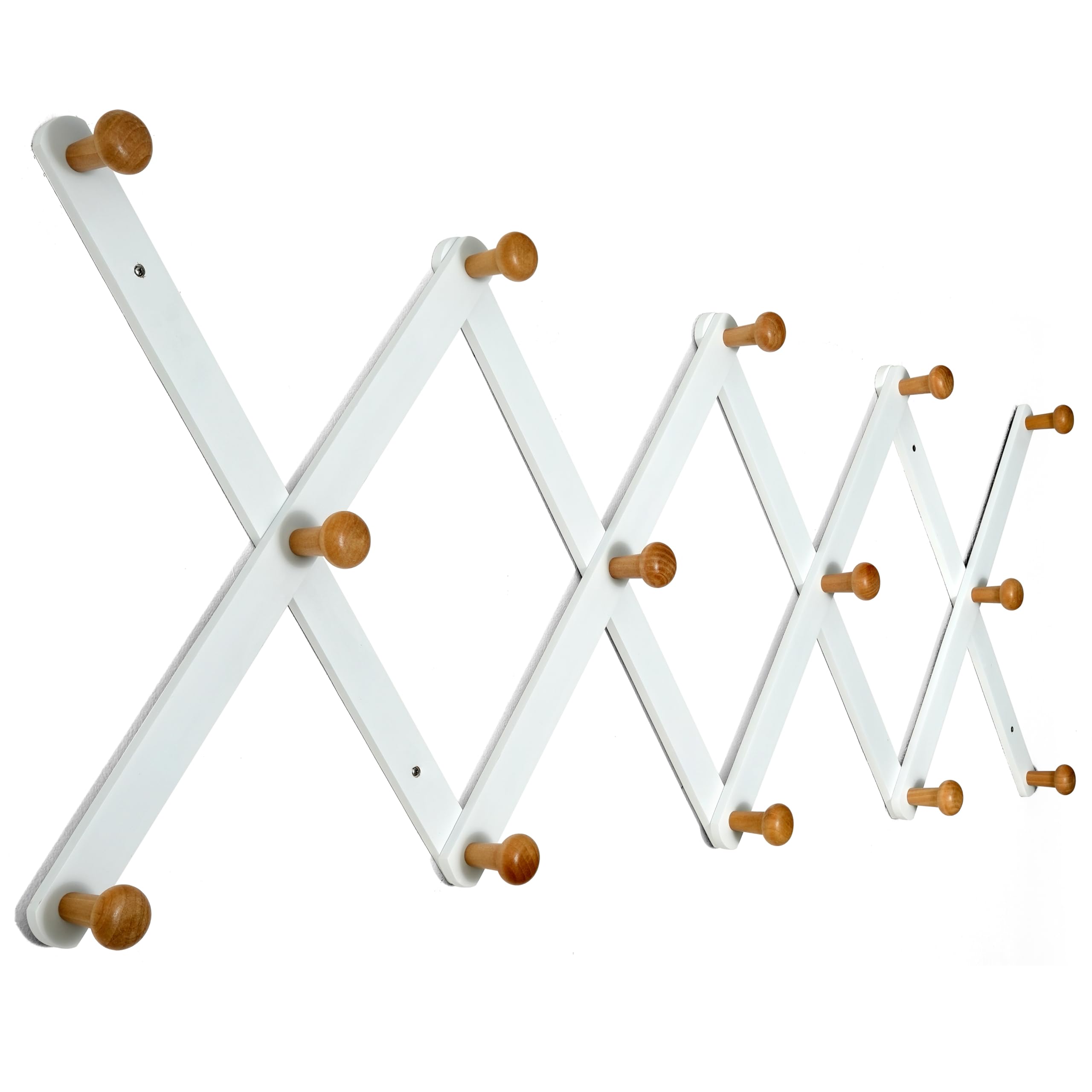 SKOLOO Wooden Wall Hat Rack, Large Accordion Wall Hanger, Modern, Expandable Coat Rack Wall Mounted, Solid Wood Wall Hat Hanger, 14 Peg, Natural & White
