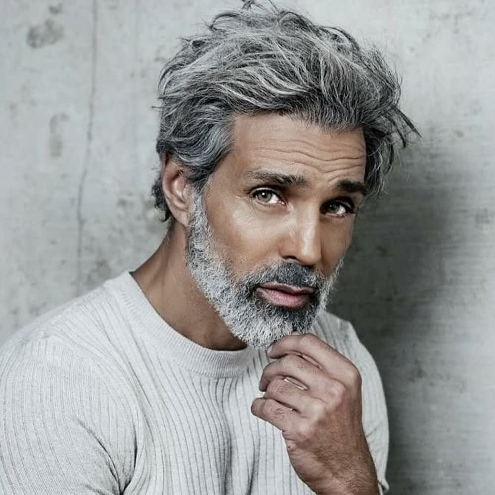 MIMAN Mens Short Grey Wigs for Men Short Straight Wig