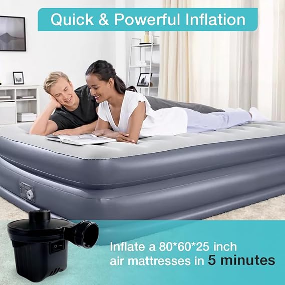 Electric Air Pump,Portable Quick-Fill Air Pump, Air Mattress Pump with 3 Nozzles for Inflatable Boat, Air Mattress Beds,Swimming Ring.Compatible with Home and car Adapter by Inscool