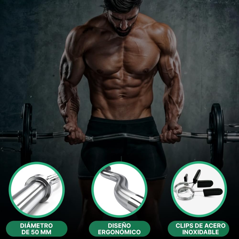 ManiBoom Barra Pesas Z Curly 120 cm de 8,5kg para Discos y Pesas de Ø50mm - Barra de MUSCULACION para Biceps y Triceps Halterofilia Crossfit - Barra Gimnasio con Cierres de Resorte (120 cm - Culry Z)