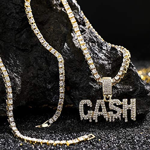 HH Bling Empire Unisex Hip Hop Iced Out Silver Gold Cz Diamond Bubble Dripping Full Name Letters Words Pendant Chain Necklace (Cash - Gold, with Tennis)