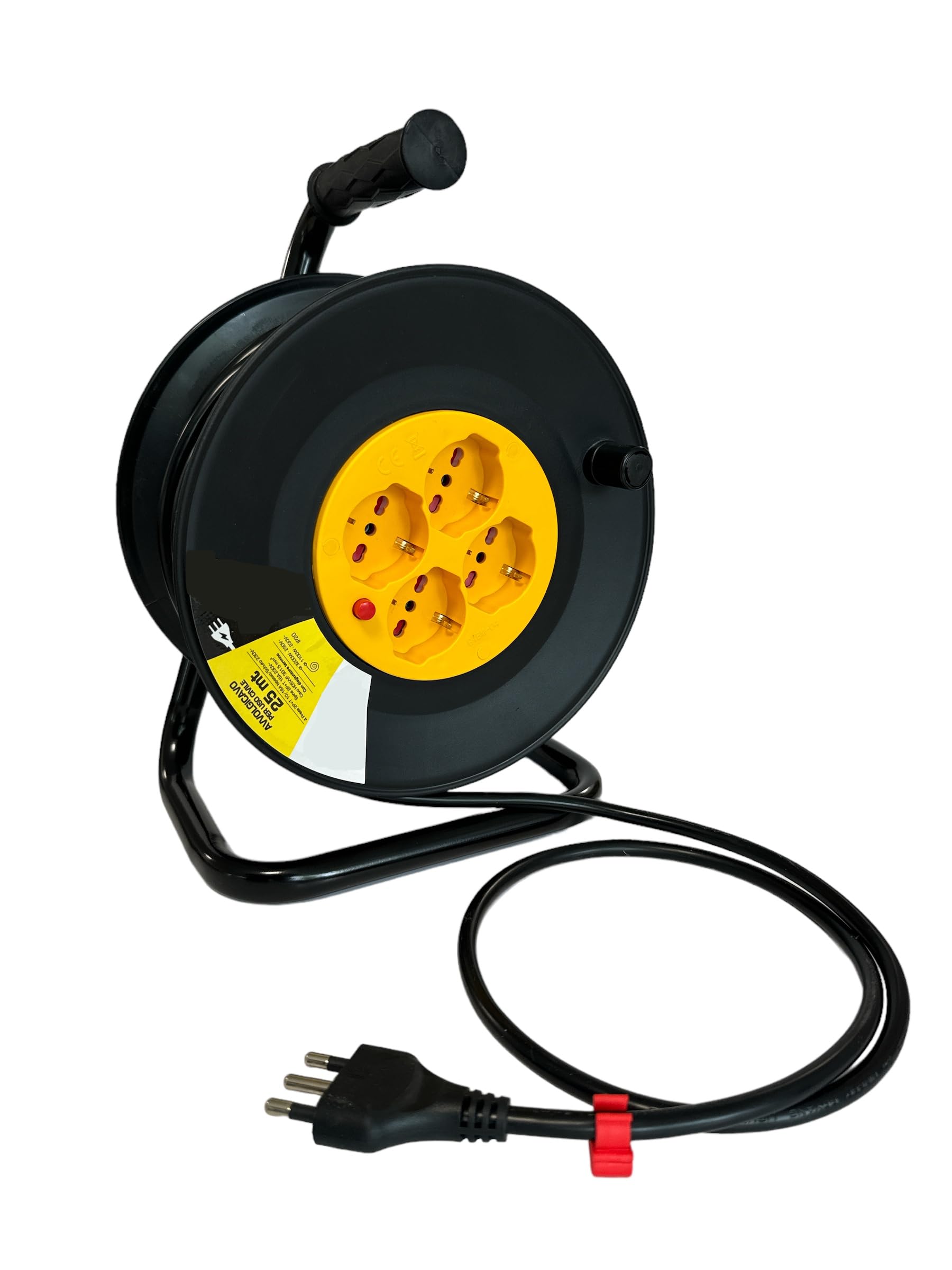 eacommerce - Avvolgicavo Elettrico 25 metri | Spina 2P+T 16A, Nero | 4 Prese Bipasso 10/16A Schuko | Maniglia Ergonomica con Disgiuntore Termico, 25 Metri