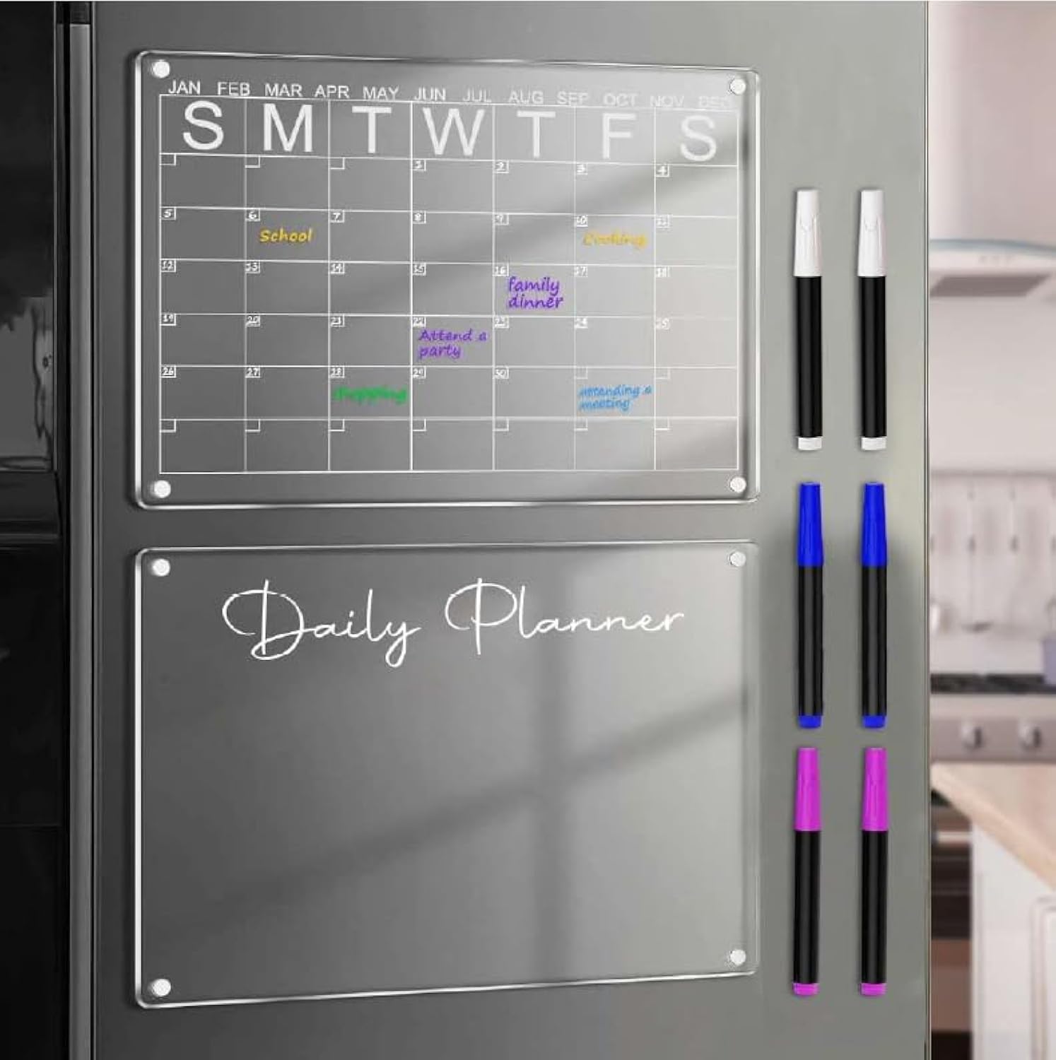 HISSAM Acrylic Magnetic Calendar (SET OF 2) for Fridge,40x30CM Reusable Acrylic Planner Board for Refrigerator, Monthly Weekly Planning Board, Planner, Including Markers