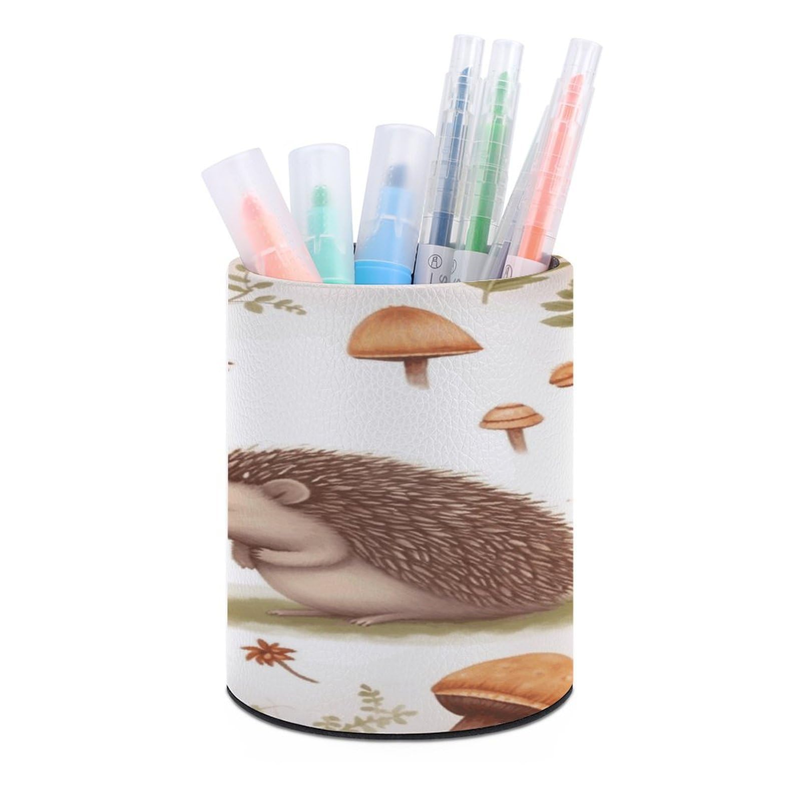 VstaDank Nature Lovely Hedgehog Lovers Pen Holder Leather Pencil Cup Round Pencil Holder for Desk Organizer Personalized Pen Cup Fashion Pen Organizer Makeup Brush Holders for Office Home&Gift