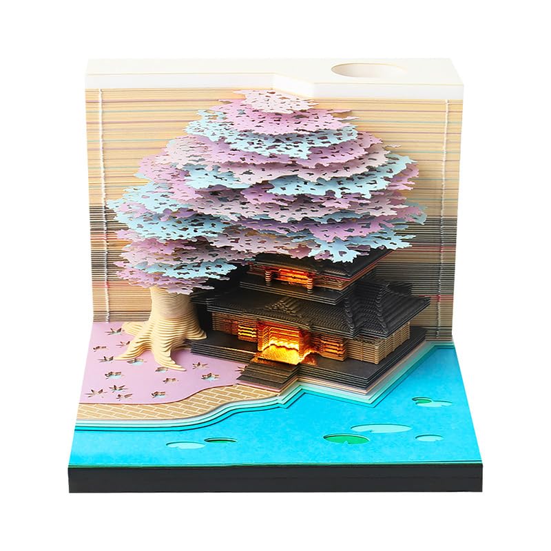 2025 Tree Desk Calendar with LED Lights 3D Memo Pad DIY Notes Notepad, 3D Art Calendar Paper Carving Gift House Sculpture Gift for School Home Office