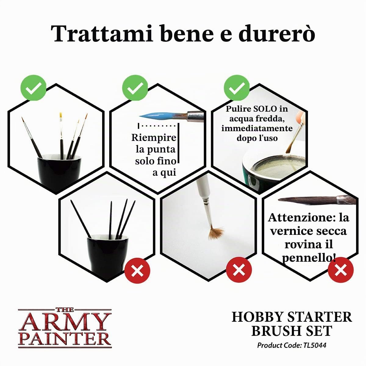 The Army Painter Hobby Starter Brush Set di 3 pennelli per colori acrilici, hobby Drybrush, Hobby Small Detail Brush e Hobby Standard Brush, pennello fine per pittura fantasy in miniatura