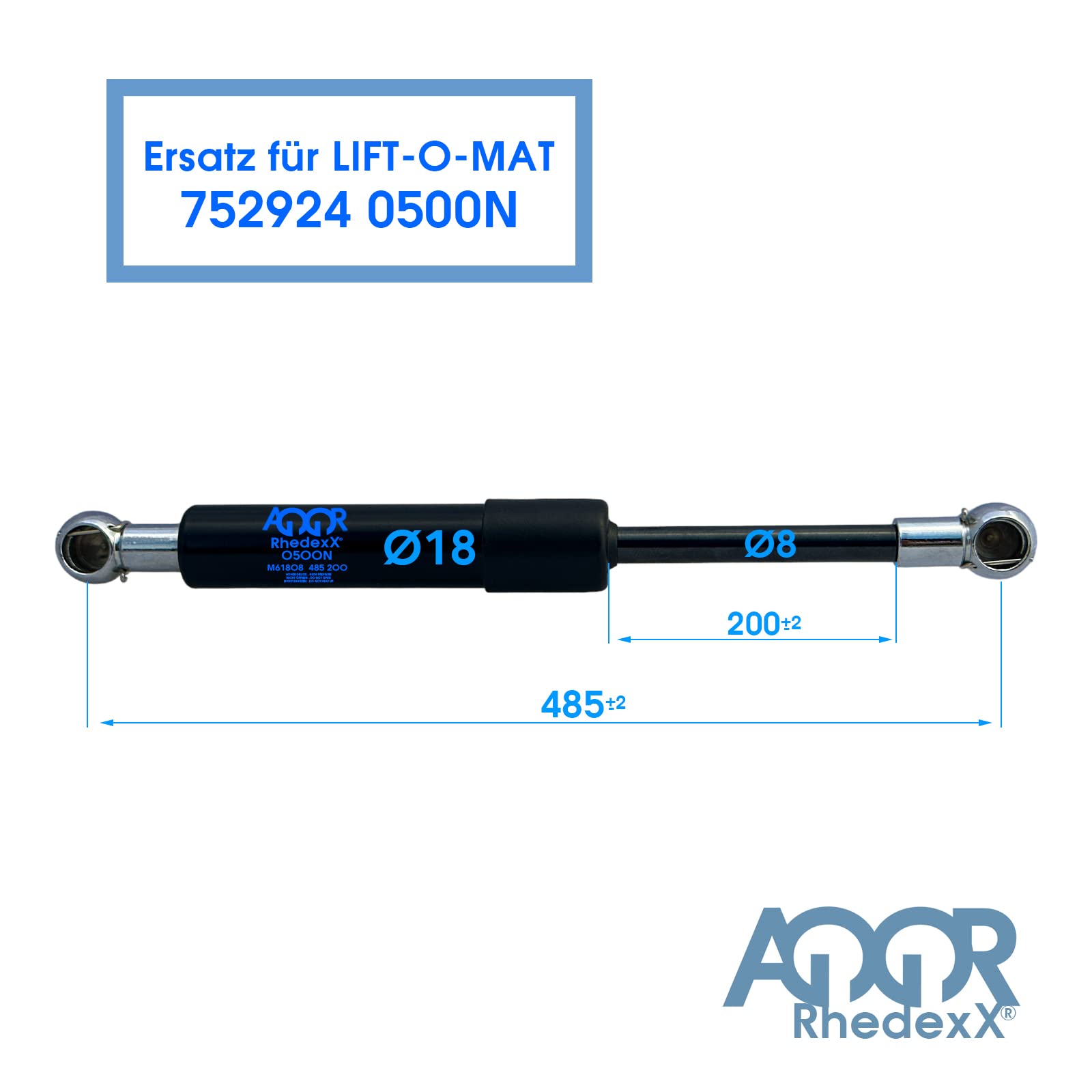 Ressort à gaz de rechange pour STABILUS LIFT-O-MAT 752924 0500N - Amortisseur à gaz avec rotule M6 (485/200/500N - 752924)