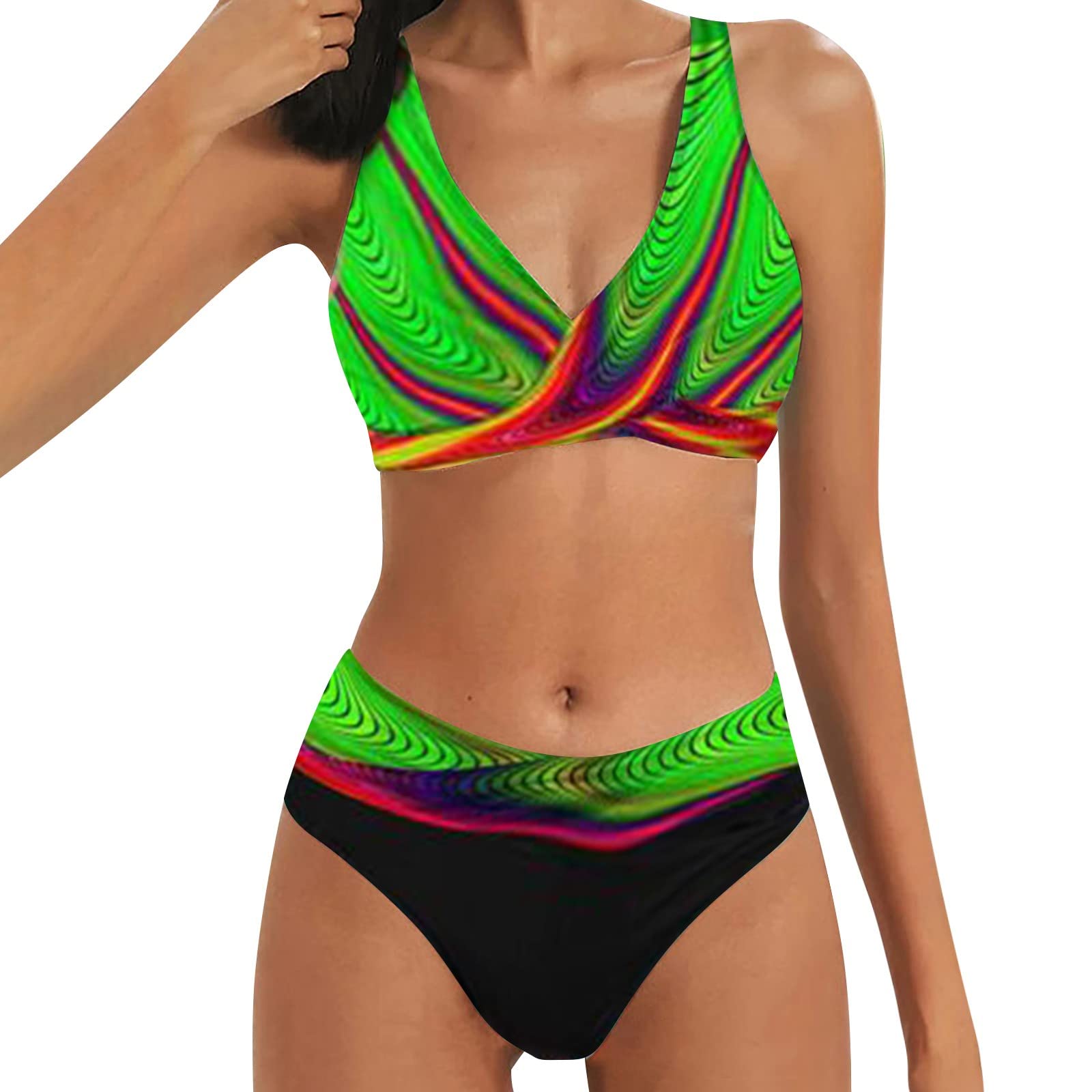 Générique 2024 AI Señoras Sexy Talle Alto Impreso Cuello en V Bloque de Color Bikini Traje de Baño Dos Piezas Tela: Poliéster Spandex Traje De Baño Menstrual Piscina