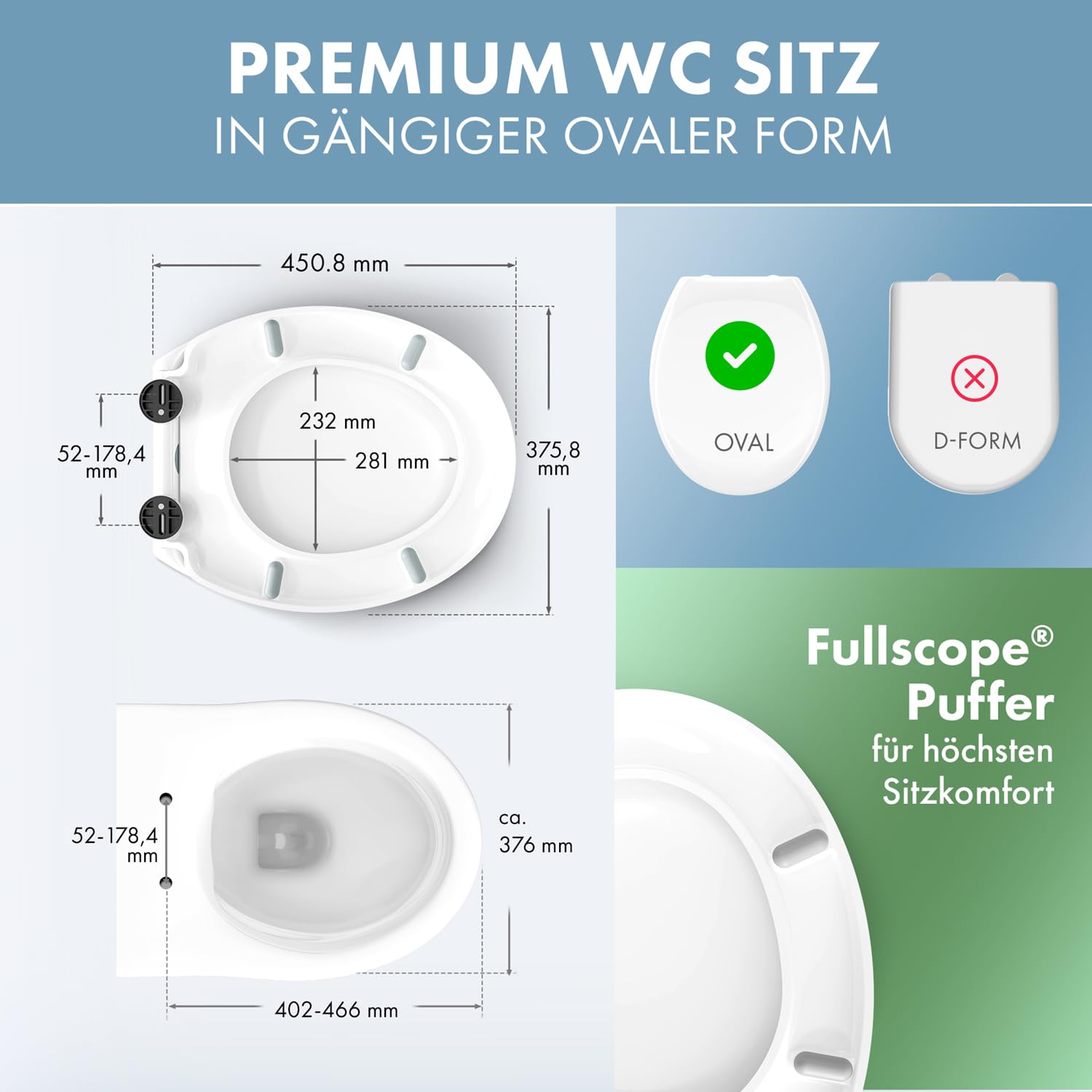 Toilettendeckel - WC Sitz mit Absenkautomatik - antibakterieller Toilettensitz mit Quick-Release Funktion - Toilettendeckel oval - Toilettendeckel mit Absenkautomatik - Klodeckel