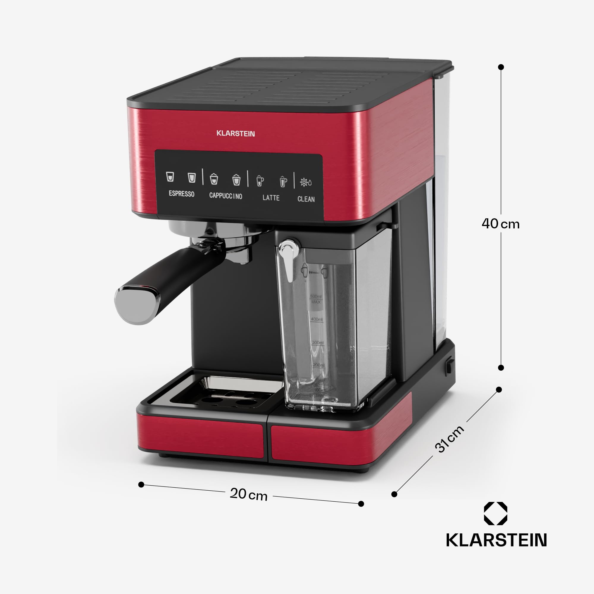 KLARSTEIN Arabica Comfort Macchina per Caffè – 20 Bar, 1350W, con Montalatte, Compatibile con Caffè Macinato & Cialde, Serbatoio 1,8L, Pannello Touch, Serbatoio Latte Rimovibile