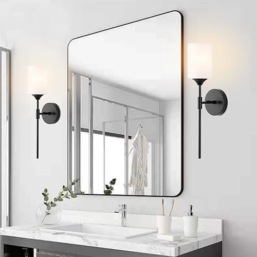 Miniatura 2 de Lámpara de pared moderna de mediados de siglo, paquete de 2 con pantallas cilíndricas blancas de cristal, aplique de pared negro mate, iluminación