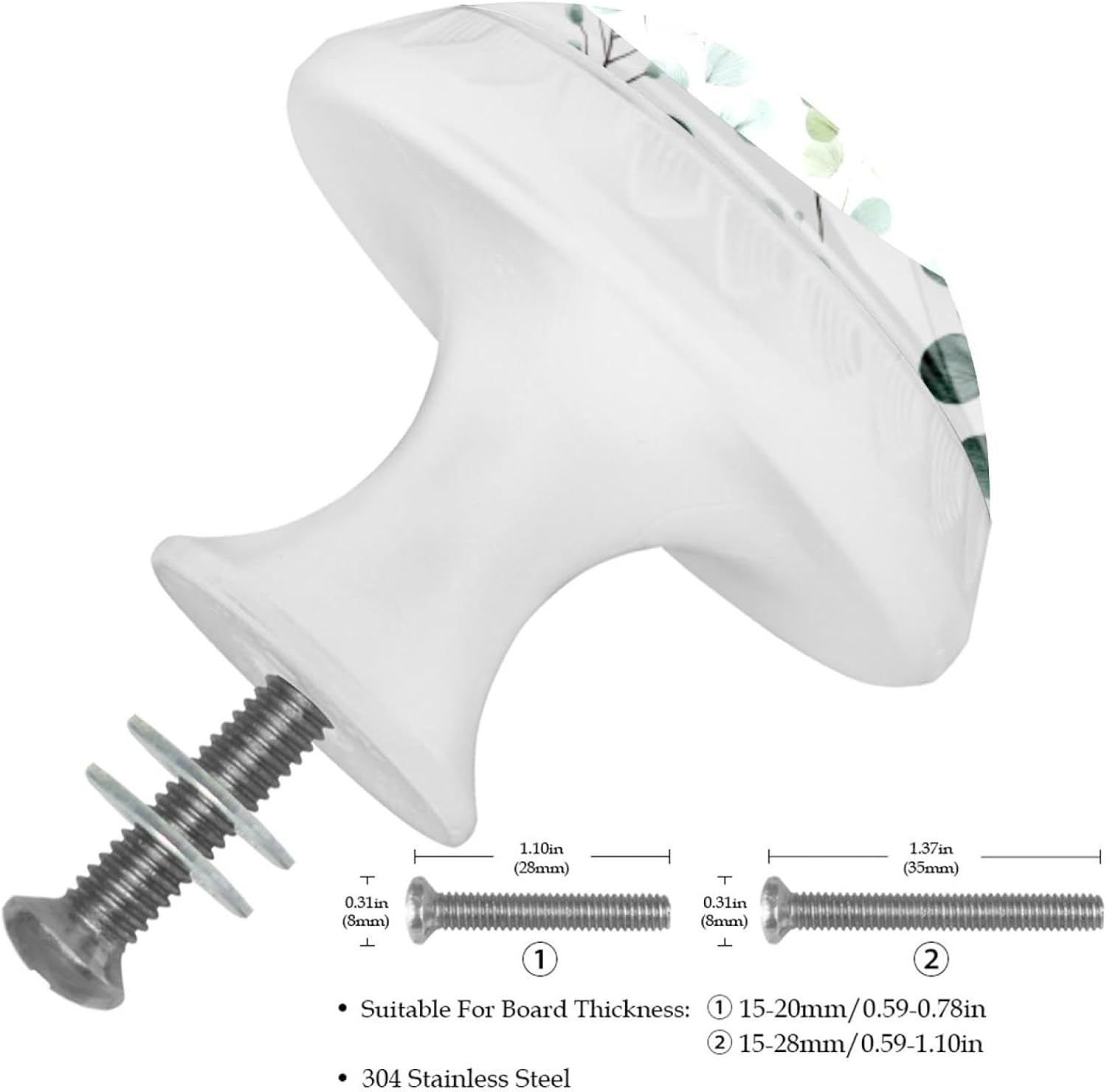 Eucalyptus Selection Greenery Print (1) Farmhouse Style Cabinet Knobs, Rustic Decorative Drawer Pulls for Kitchen Bathroom Cabinets Dresser and Furniture