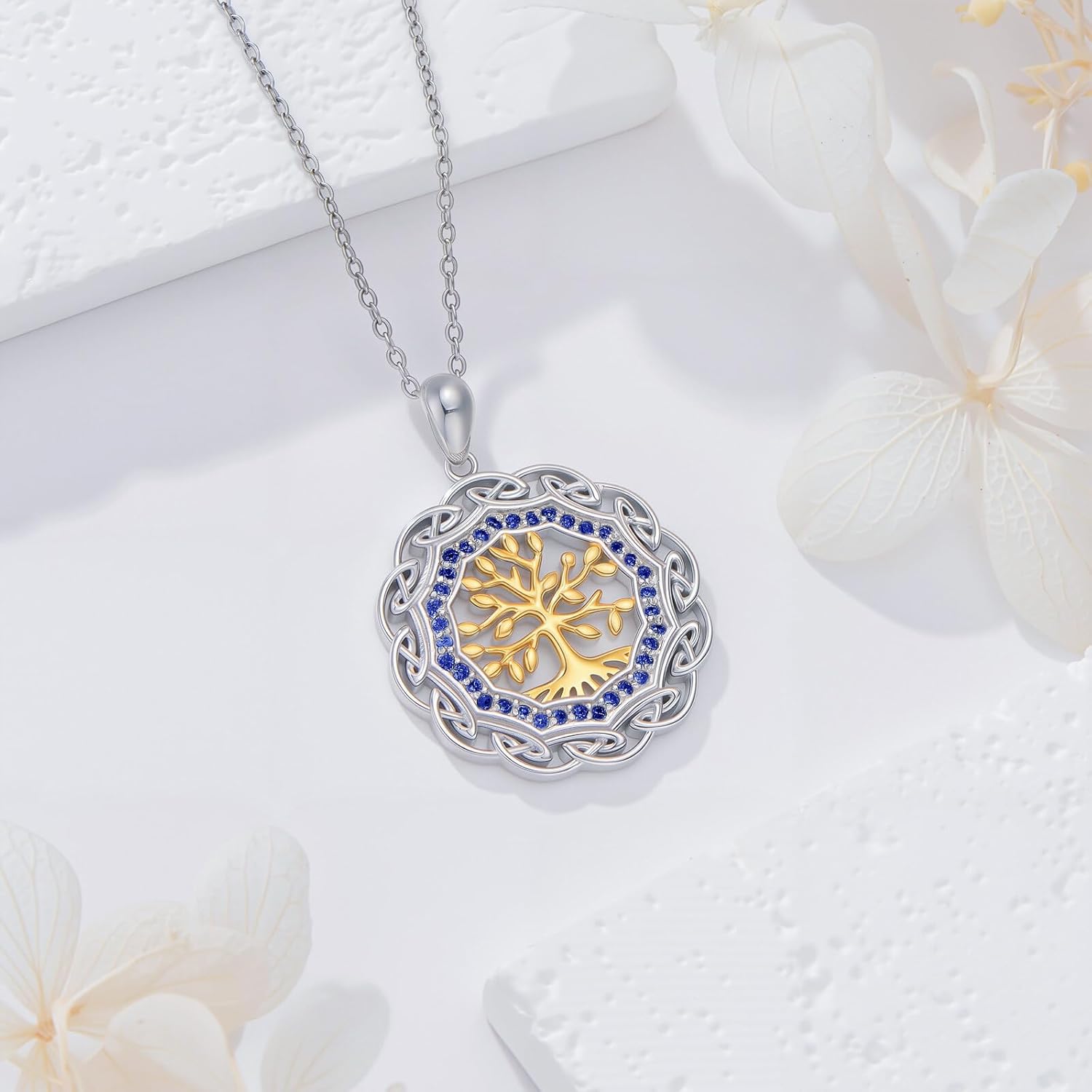 Sterling Silver Birthstone Celtic Tree of Life Necklace, 18K Gold Plated Colored Gemstone Tree of Life Pendant Two-Tone Necklaces Jewelry Birthday Gifts for Women 18" - 20" - Image 3