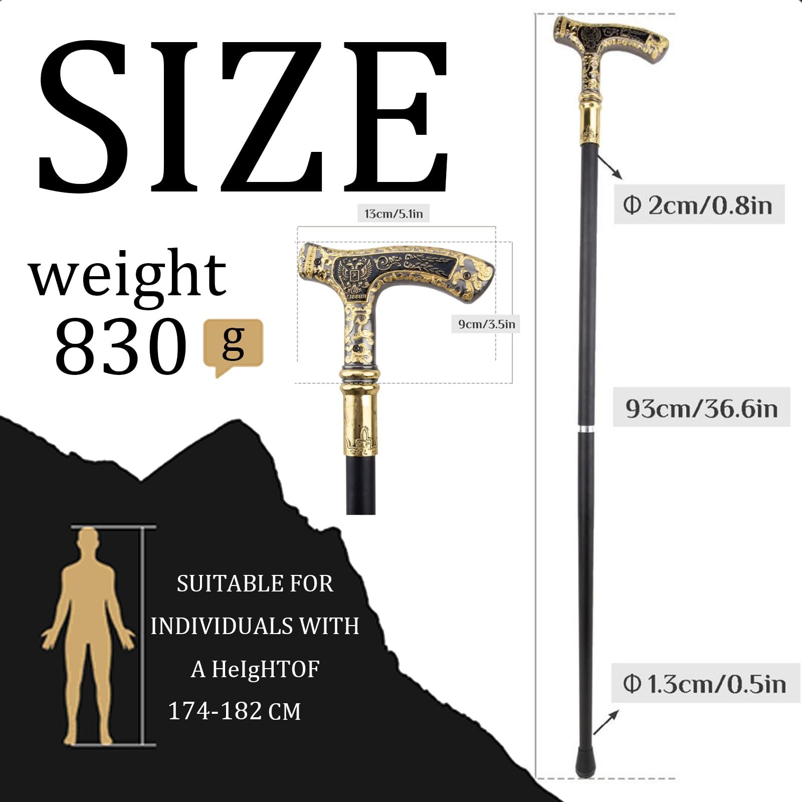 Bastón para Hombre y Mujer, 36,6 Pulgadas, de Alta Resistencia, con Capacidad para Más de 300 Libras, Bastón Metálico de Estilo Gótico, Elegante y con Acabado Mate Artístico