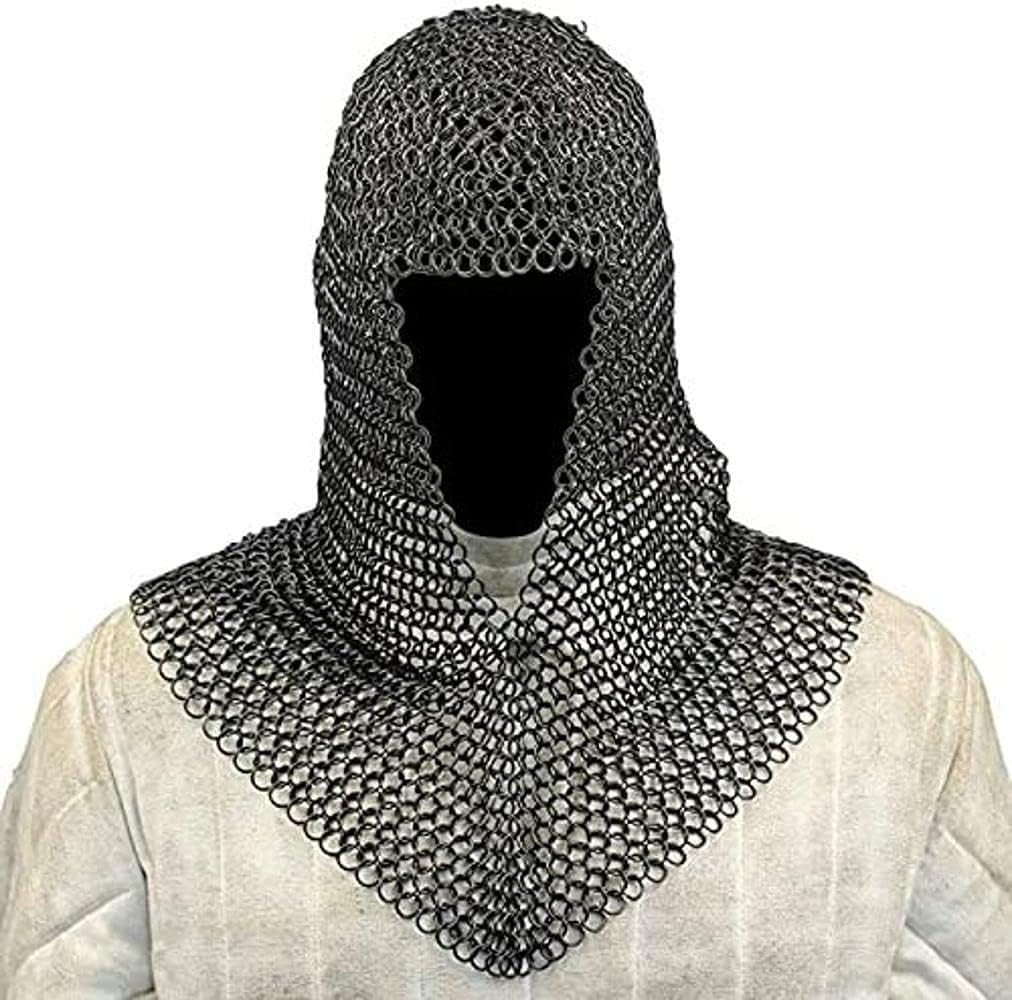 NauticalMart Medieval V Face Blackened Chainmail Coif Silver One Size