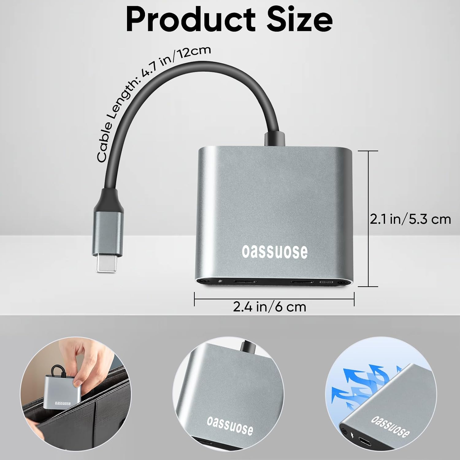 Product dimensions showing length, width, and height of the adapter