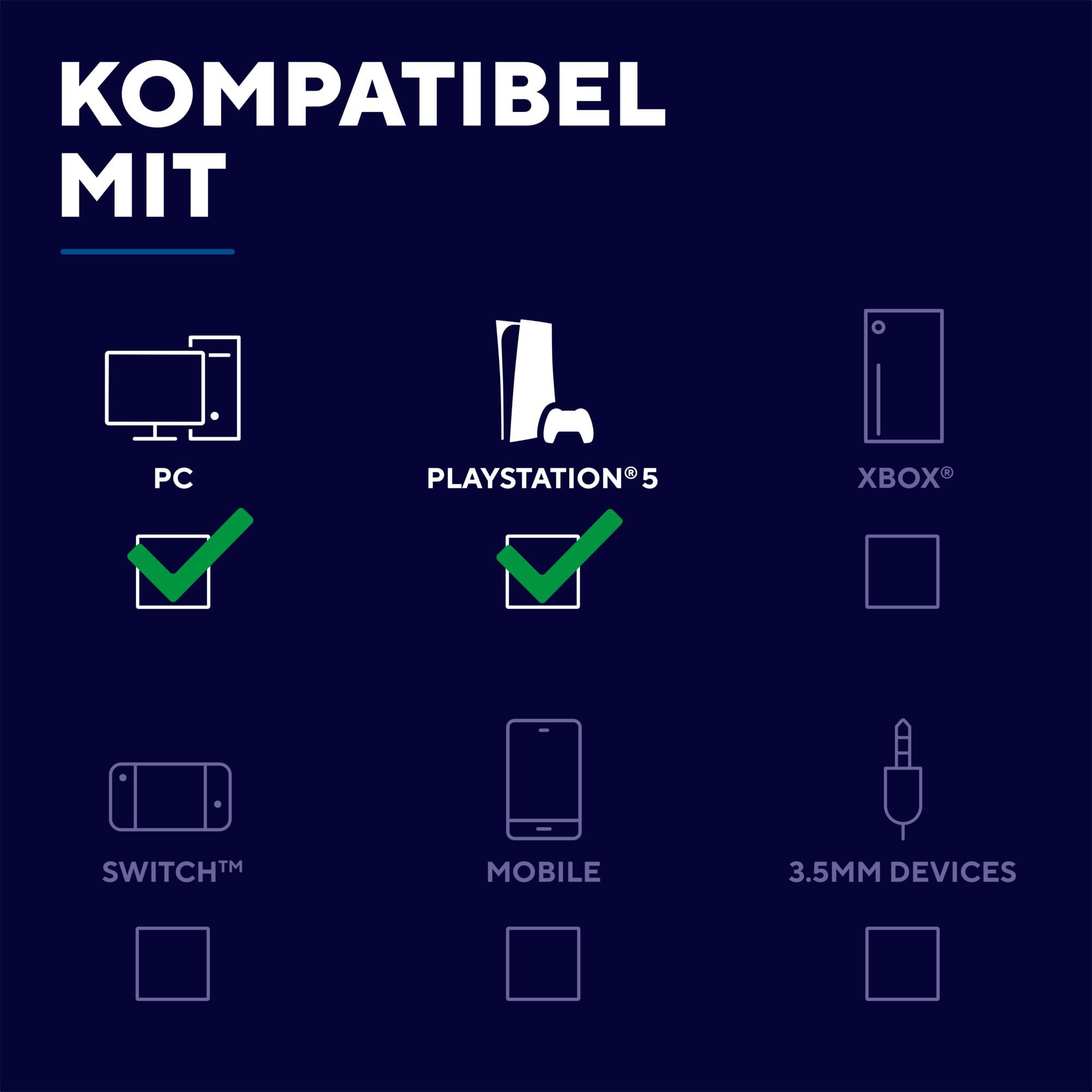 GXTrust 499BW Forta Kabelloses Gaming Headset Offiziell Lizenziert für PlayStation 5, Niedriger Latenz, 2,4G USB Empfänger, 50mm Treiber, 55H Akkulaufzeit, Headset PS5 mit Mikrofon, Schwarz/Weiß