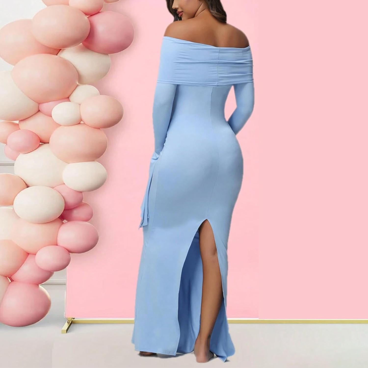 HGps8w Women's Maternity Off Shoulder Dresses Split Long Sleeve Pregnancy Photography Dress for Baby Shower Party