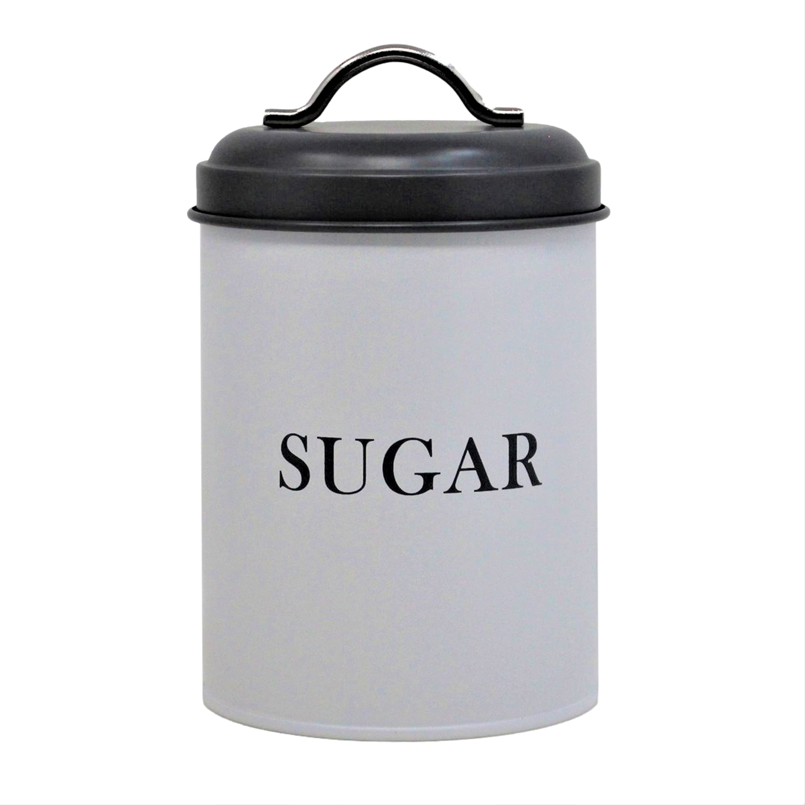 Monsoon Airtight Sugar Canister White & Grey Barrel Airtight Storage Round Metal Sugar Caddy Individual Jar Kitchen Container Tin Vintage (Sugee)