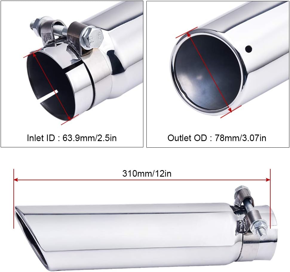 Exhaust Tip Universal 2.5"Inlet 3"Outlet 12" Length Bolt Clamp On Design Stainless Steel Polished Diesel Exhaust Tail Pipe Tip (Pack of 2)